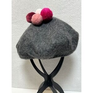 Amaru Alpaca Gray Beret Hat Pink Pom Pom Detail Made in Peru Unitalla Lined
